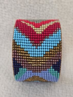 Boho Southwestern Wide Seed Beaded Leather Cuff Bracelet Colorful Statement